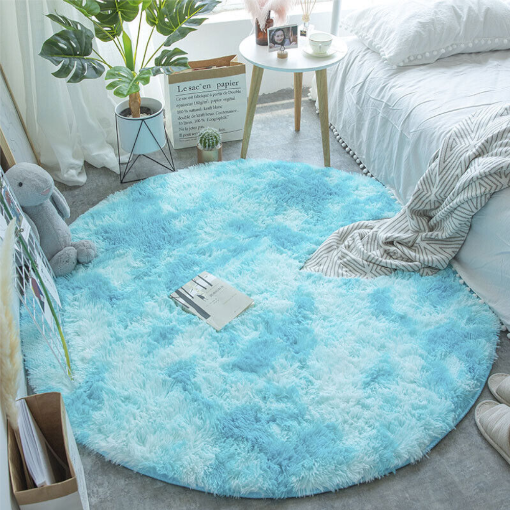 Blue Fluffy Faux Fur Round Rug Kids Room Plush Shaggy Rugs