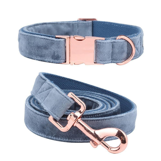Blue Velvet Soft Dog Collar Leash Set