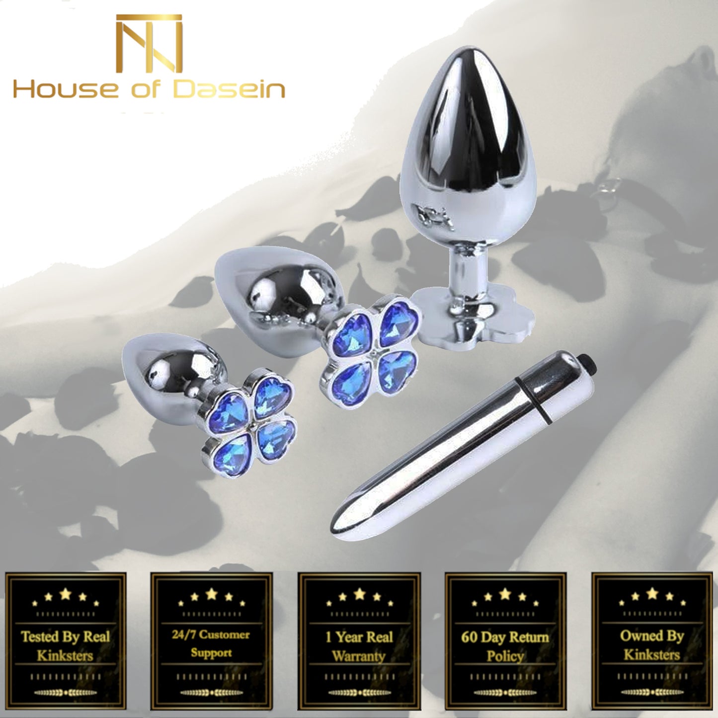 Blue Flower Stainless Steel Metal Anal Crystal Butt Plug Vibrator Set Bdsm