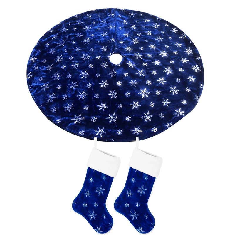 Blue Christmas Plush Tree Skirt With Silver Sequin Snowflake Xmas Decorations