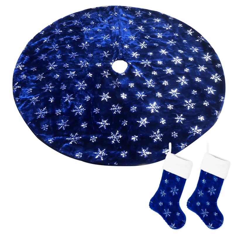 Blue Christmas Plush Tree Skirt With Silver Sequin Snowflake Xmas Decorations