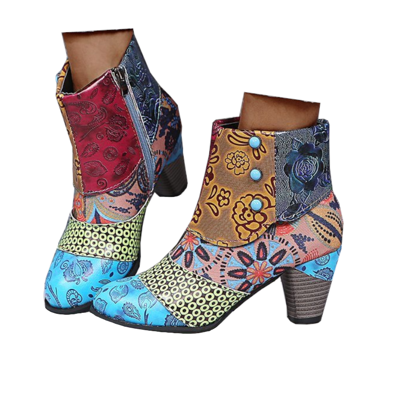 Bohemian Women's Boho Boots Retro Block High Heels Zipper