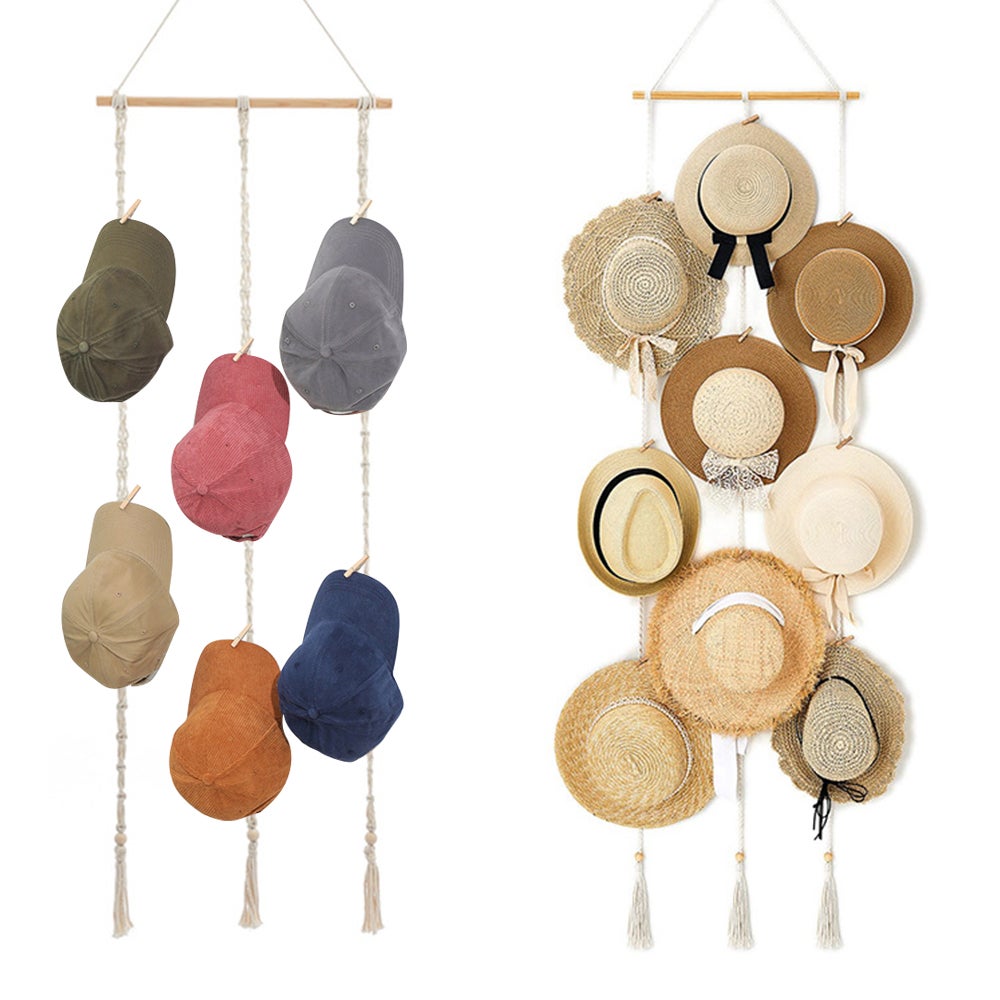 Boho Caps Storage Display Rack With Decorative Tassels For Baseball Wide Brim Hats