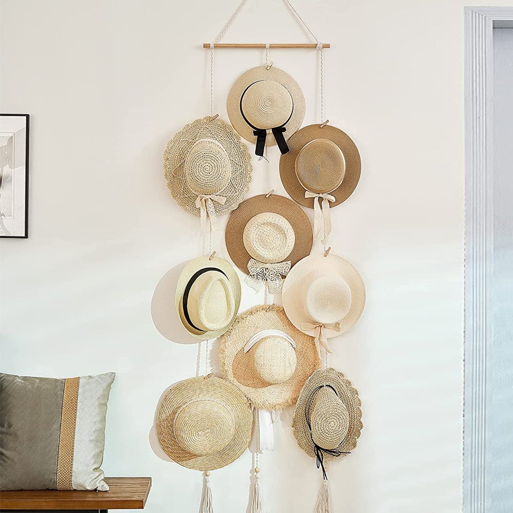 Boho Caps Storage Display Rack With Decorative Tassels For Baseball Wide Brim Hats