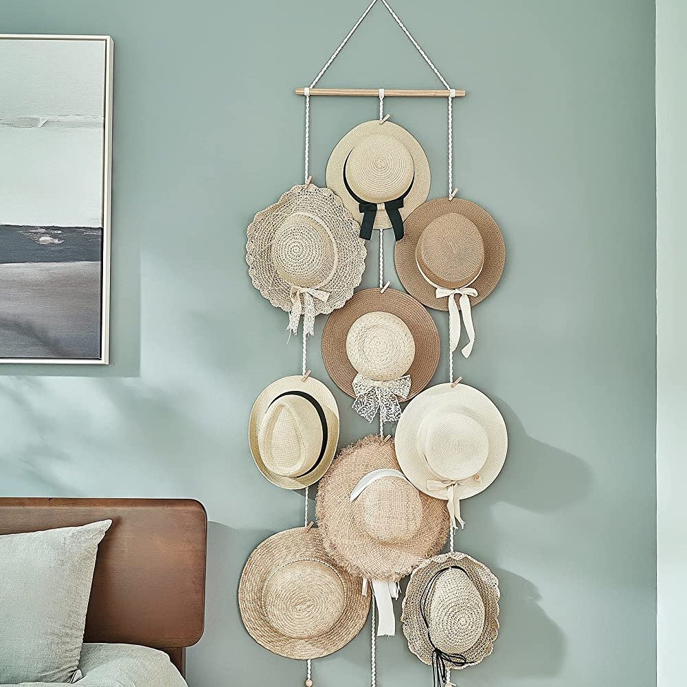 Boho Caps Storage Display Rack With Decorative Tassels For Baseball Wide Brim Hats