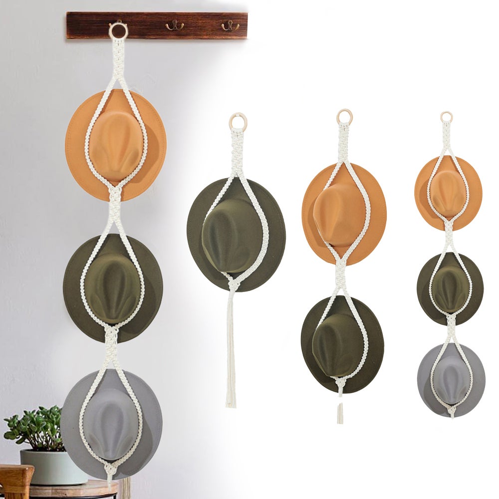 Boho Hand-Woven Macrame Hat Display Rack Hanging Cap Holder Rope Hanger