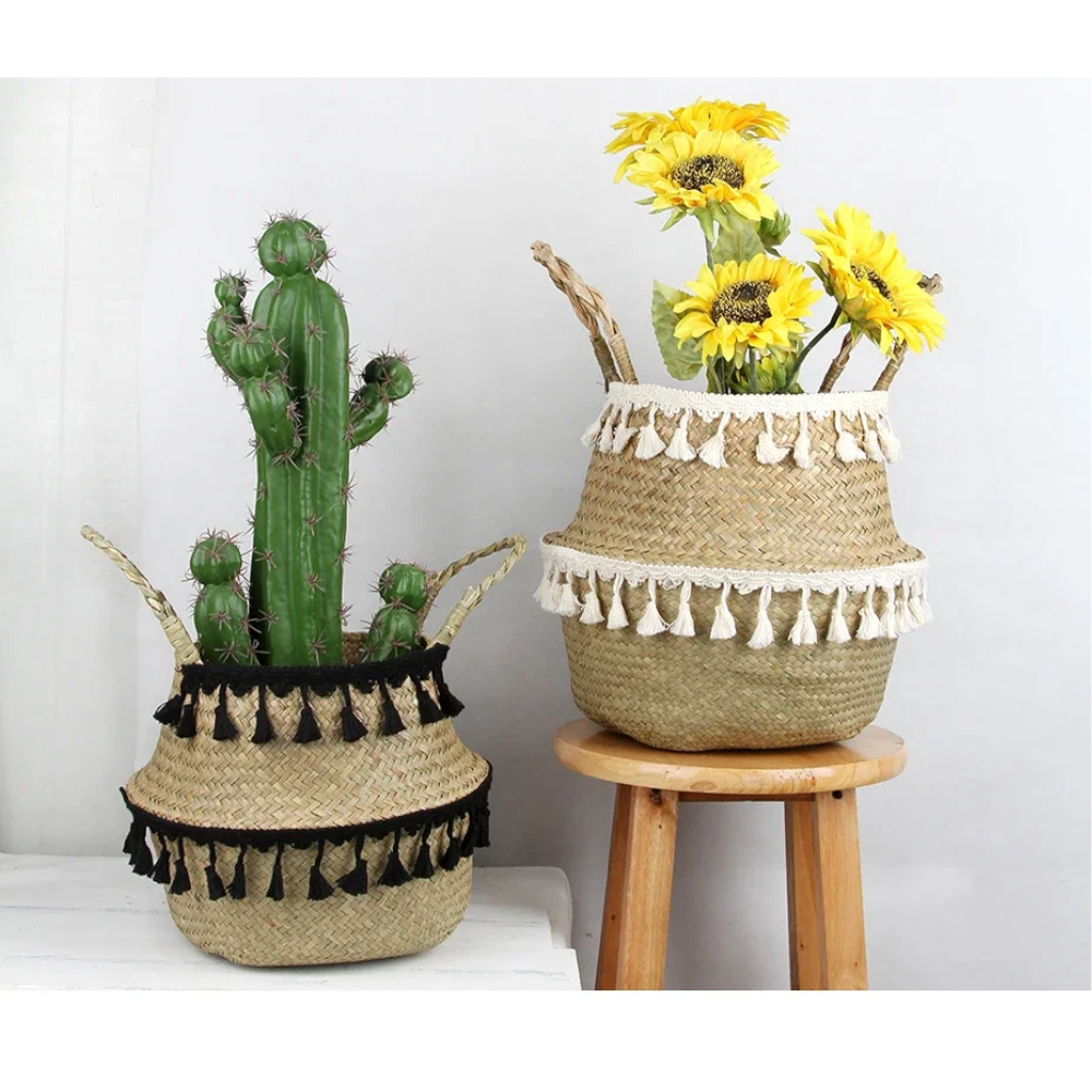Boho Decor Wicker Storage Hand Woven Rattan Basket Foldable With Handle