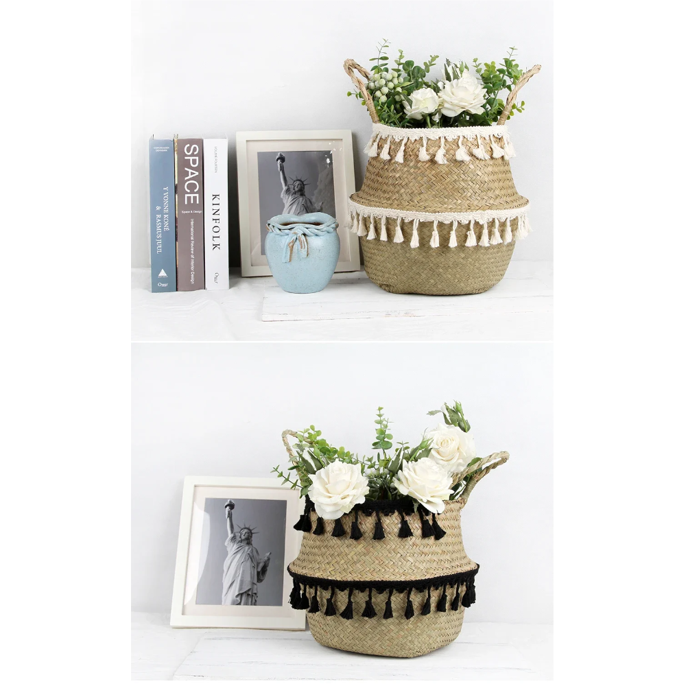 Boho Decor Wicker Storage Hand Woven Rattan Basket Foldable With Handle
