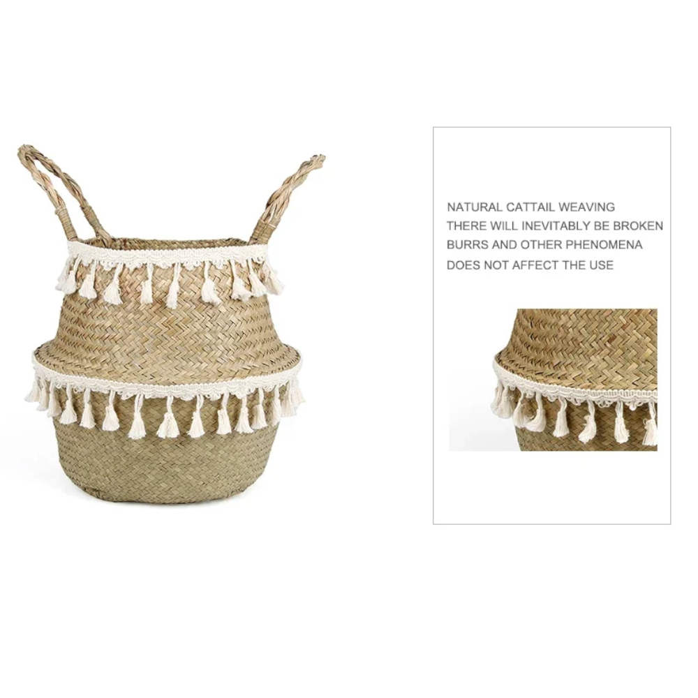 Boho Decor Wicker Storage Hand Woven Rattan Basket Foldable With Handle