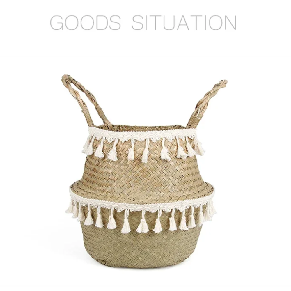 Boho Decor Wicker Storage Hand Woven Rattan Basket Foldable With Handle