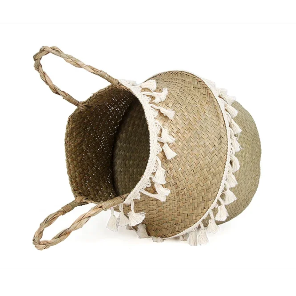 Boho Decor Wicker Storage Hand Woven Rattan Basket Foldable With Handle