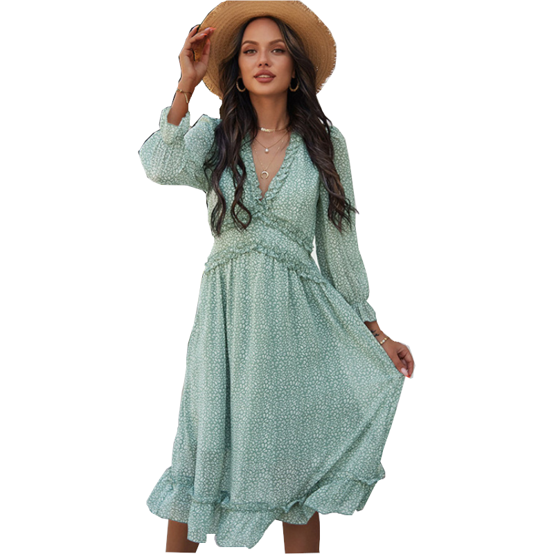 Boho All Over Print Frill Trim Women's Summer Long Sleeve V Neck Dress