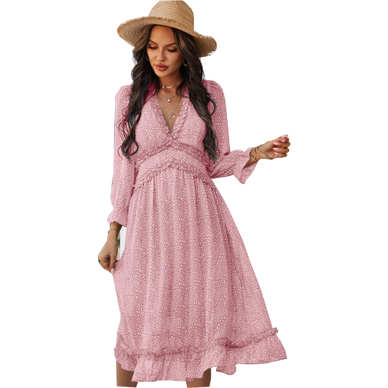 Boho All Over Print Frill Trim Women's Summer Long Sleeve V Neck Dress