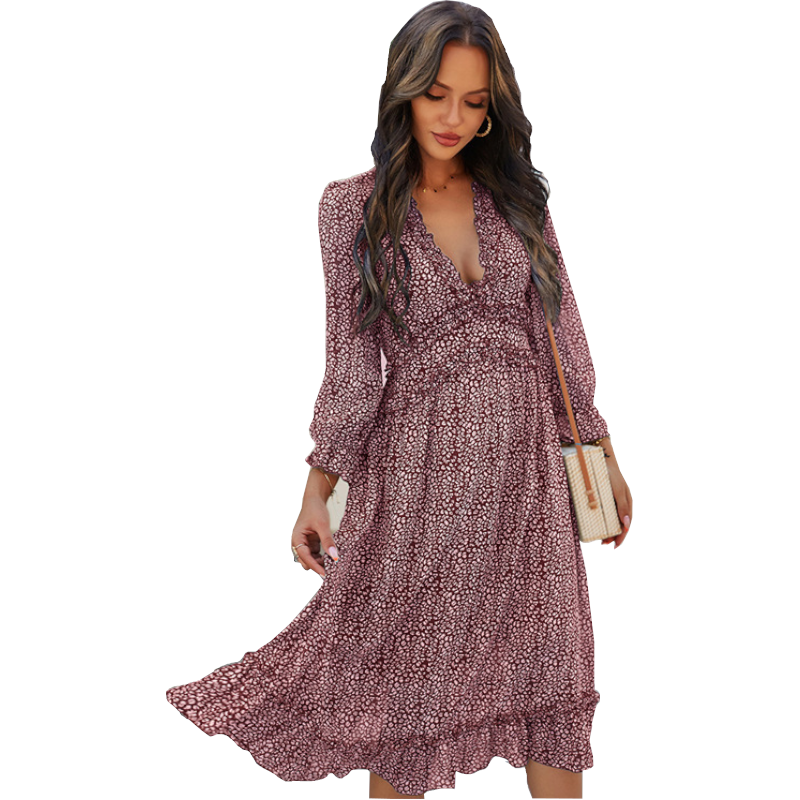 Boho All Over Print Frill Trim Women's Summer Long Sleeve V Neck Dress