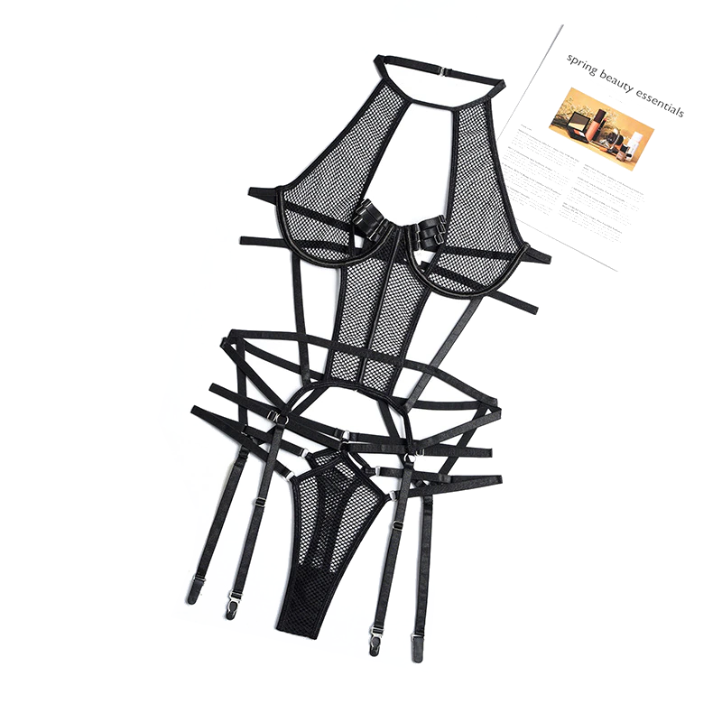 Both Mesh Sexy Strappy Bandage Bodysuit Women Lingerie
