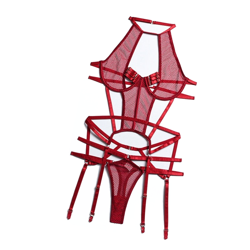 Both Mesh Sexy Strappy Bandage Bodysuit Women Lingerie