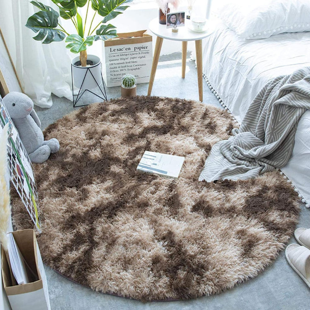 Brown Fluffy Faux Fur Round Rug Kids Room Plush Shaggy Rugs