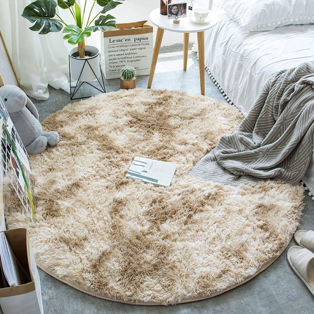 Brown Fluffy Faux Fur Round Rug Kids Room Plush Shaggy Rugs