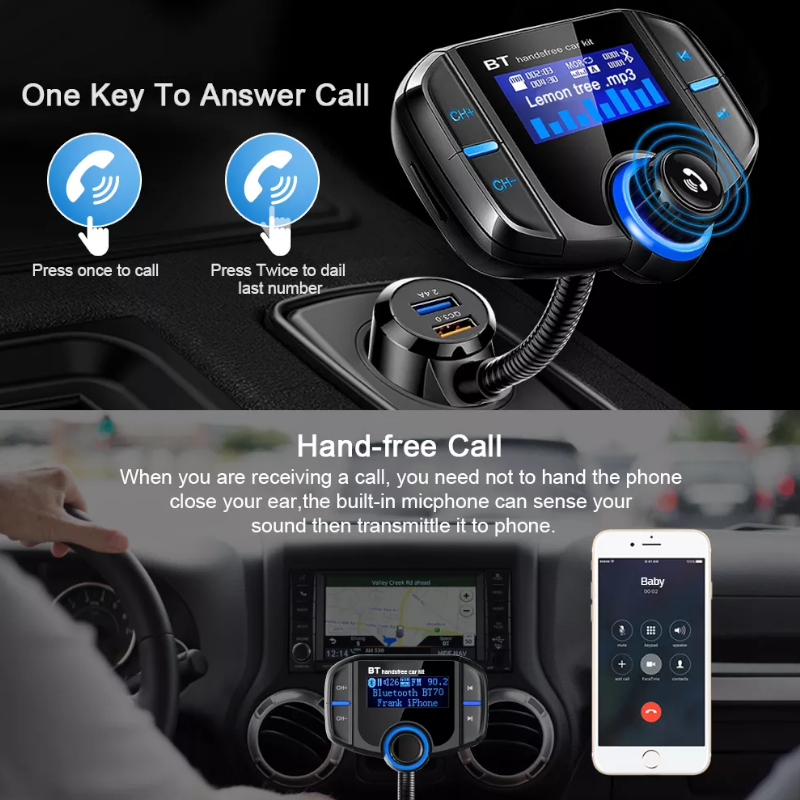 Bt70 Smart Bluetooth 4.2 Fm Transmitter Qc3.0 Quick Charge Mp3 Music Player Car Kit With 1.7 Inch Screen Support Hands F