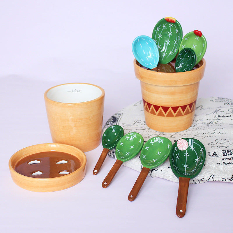 Ceramic Novelty Cactus Pot Measuring Spoons Cups Kitchen Tools