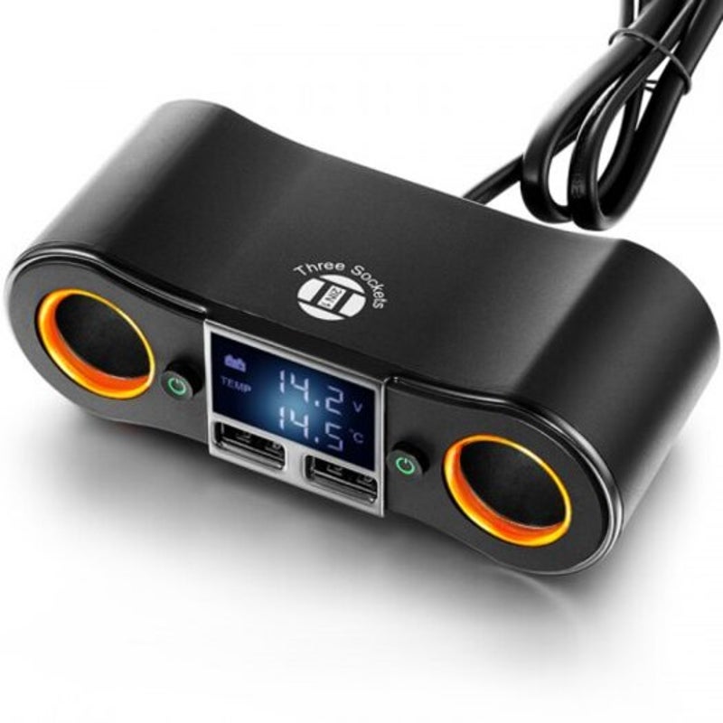 2 Usb Output Cigarette Lighter Socket Splitter Adapter 12 24V 80W Power Supply With Independent Switch Black