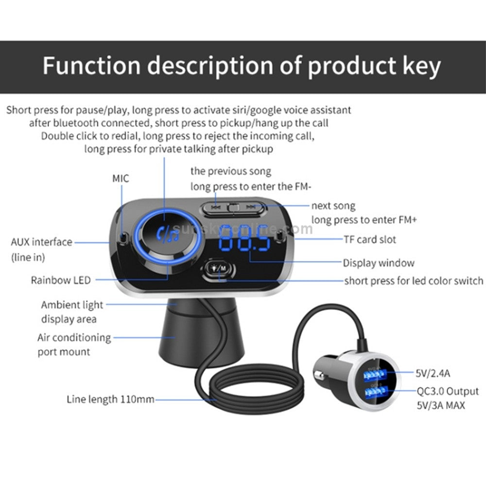 Car Digital Radio Receiver Bluetooth Mp3 Player Fm Voice Assistant Qc3.0 Quick Charger