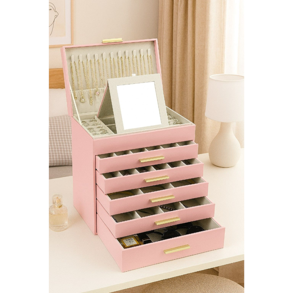 Carla Home 6 Layer Large Jewelry Organizer Box For Women With Mirror Drawers Hooks & Dividers Rings Necklaces Bracelets