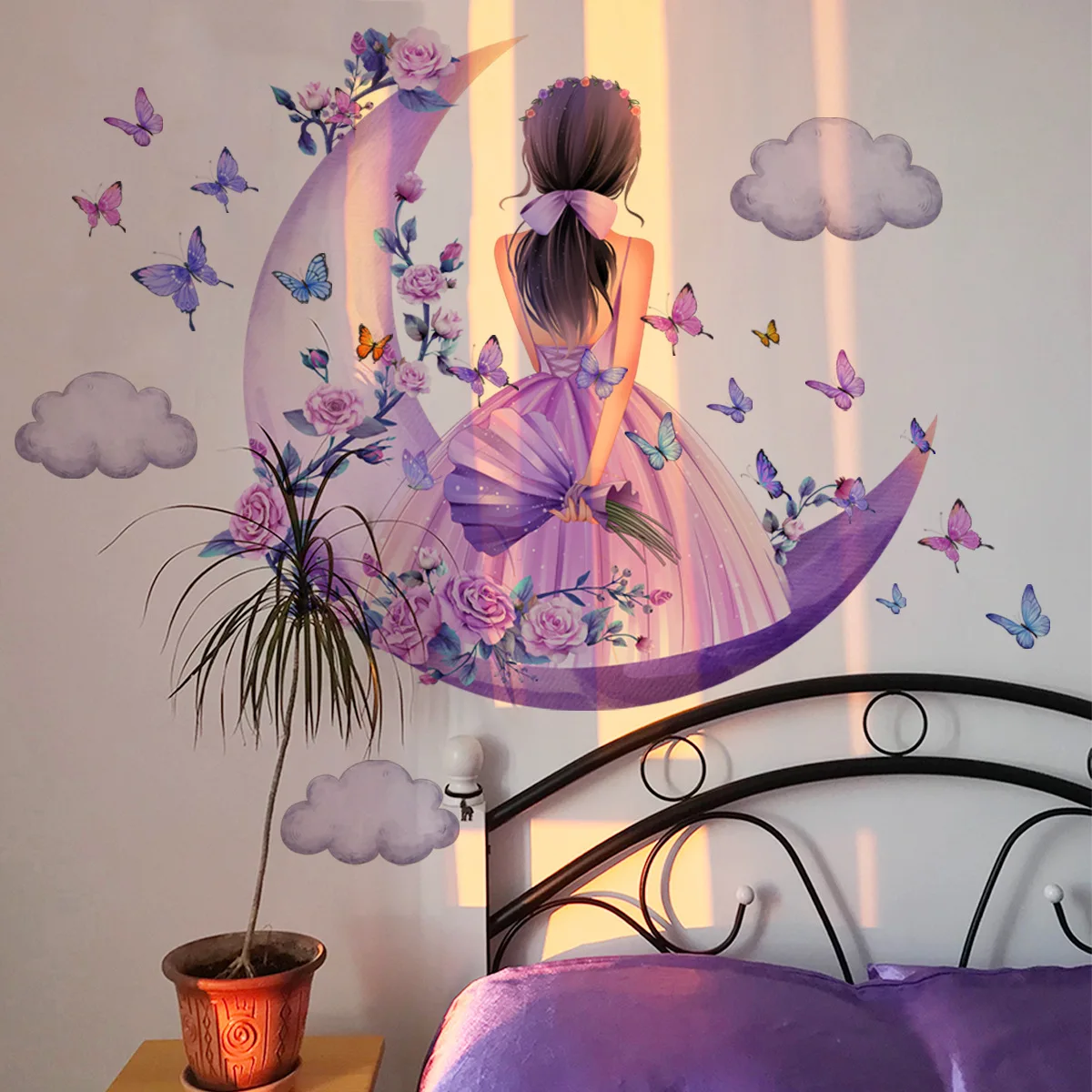 Cartoon Moon Butterfly Girl's Back Self-Adhesive Wall Stickers For Kids Room Girls Decoration Bedroom