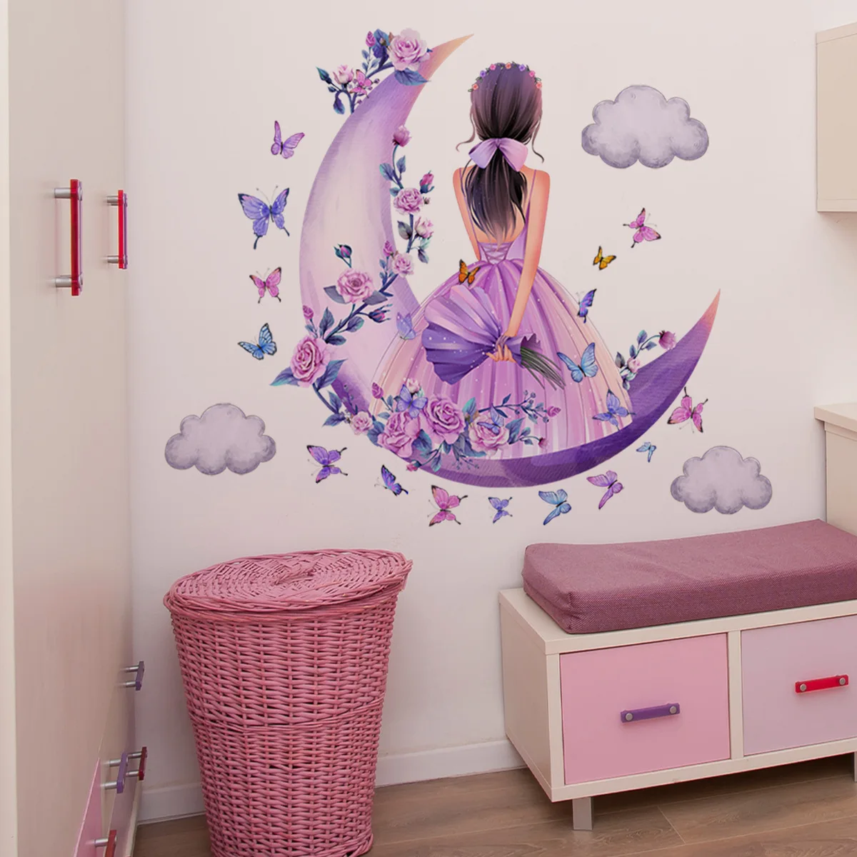 Cartoon Moon Butterfly Girl's Back Self-Adhesive Wall Stickers For Kids Room Girls Decoration Bedroom