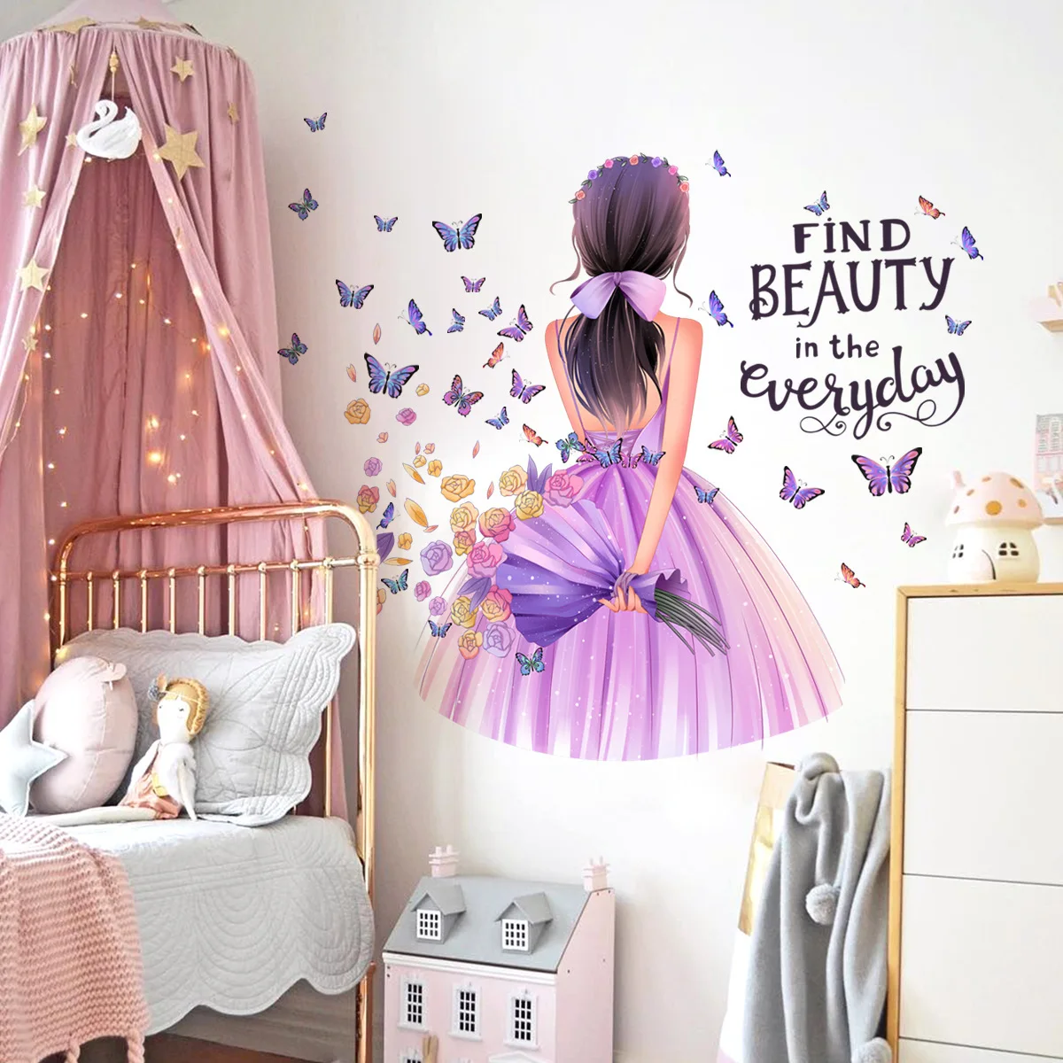 Cartoon Moon Butterfly Girl's Back Self-Adhesive Wall Stickers For Kids Room Girls Decoration Bedroom