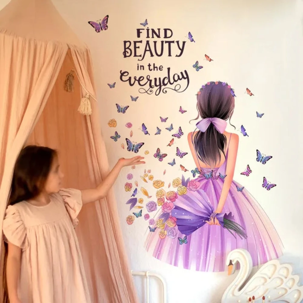 Cartoon Moon Butterfly Girl's Back Self-Adhesive Wall Stickers For Kids Room Girls Decoration Bedroom