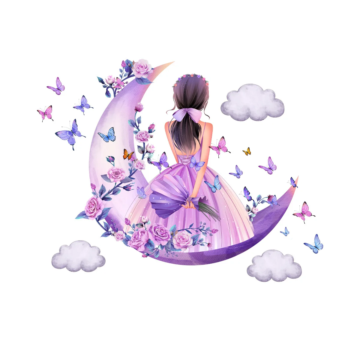 Cartoon Moon Butterfly Girl's Back Self-Adhesive Wall Stickers For Kids Room Girls Decoration Bedroom