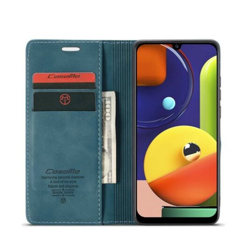 Retro Leather Wallet Flip Phone Card Slot For Samsung Galaxy A30s Greenish Blue