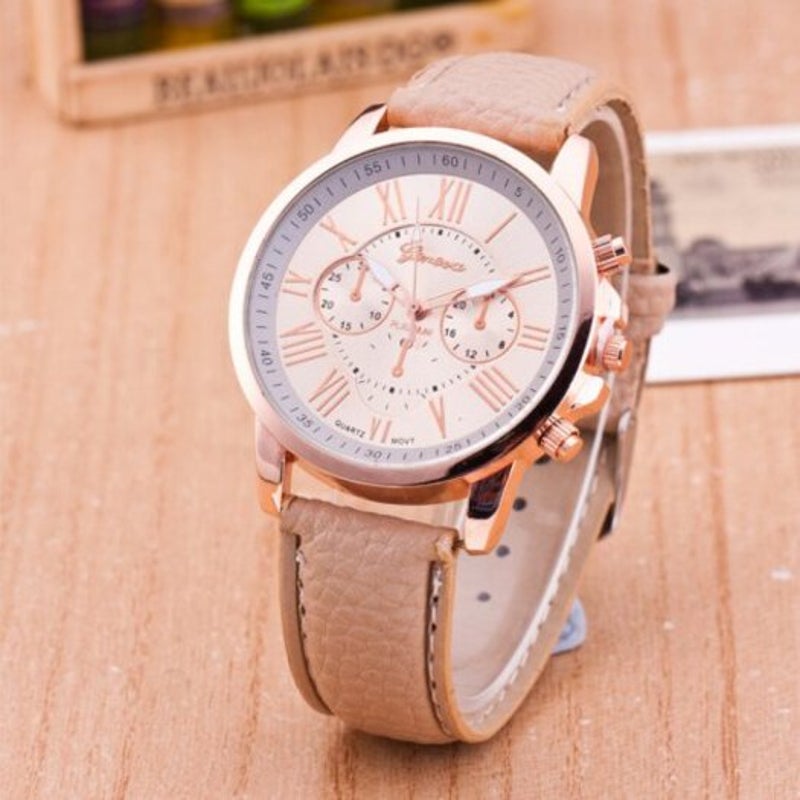 Casual Fashion Three Eye Double Faced Belt Unisex Watch Beige