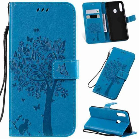 Cat Tree Embossing Pu Phone Case For Samsung Galaxy A20s Blue