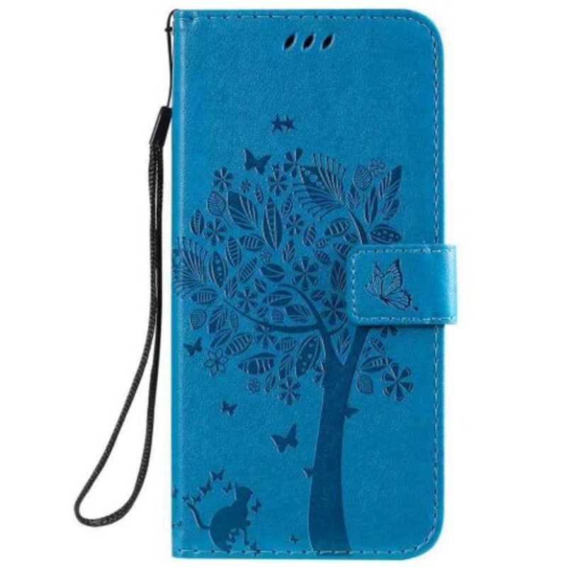 Cat Tree Embossing Pu Phone Case For Samsung Galaxy A20s Blue