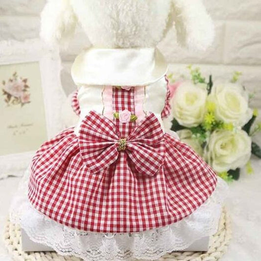 Cat Dog Dress Decorative Clothing Plaid Skirt Lava Red