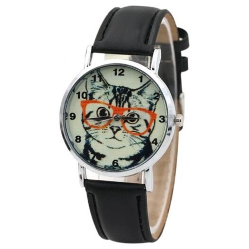 Veile Studios Cat In Glasses Number Analog Watch Black