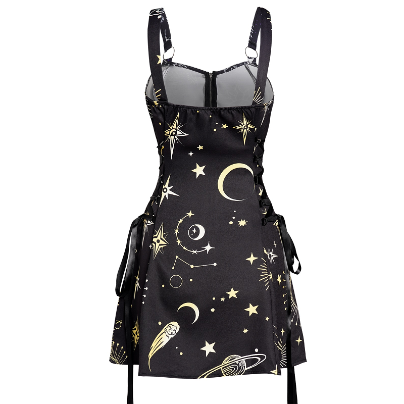 Celestial Sun Moon Print Lace Up Mini Dress Summer Gothic Women Square Neck Witchcore Vestidos