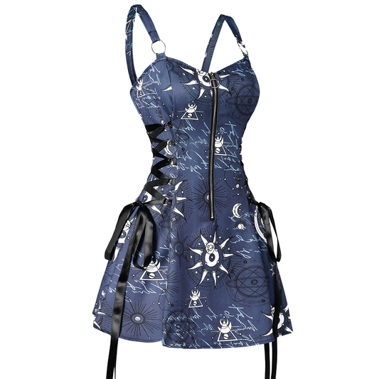 Celestial Sun Moon Print Lace Up Mini Dress Summer Gothic Women Square Neck Witchcore Vestidos