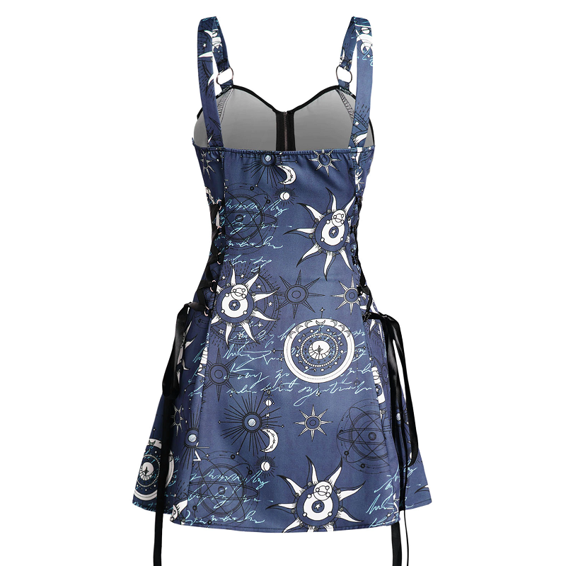Celestial Sun Moon Print Lace Up Mini Dress Summer Gothic Women Square Neck Witchcore Vestidos