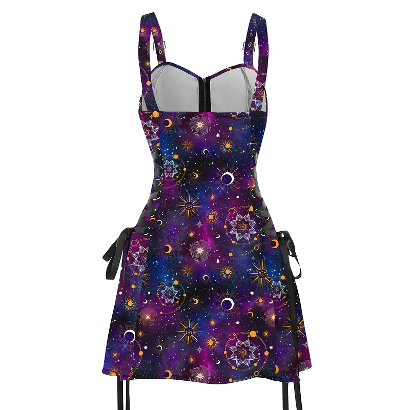 Celestial Sun Moon Print Lace Up Mini Dress Summer Gothic Women Square Neck Witchcore Vestidos