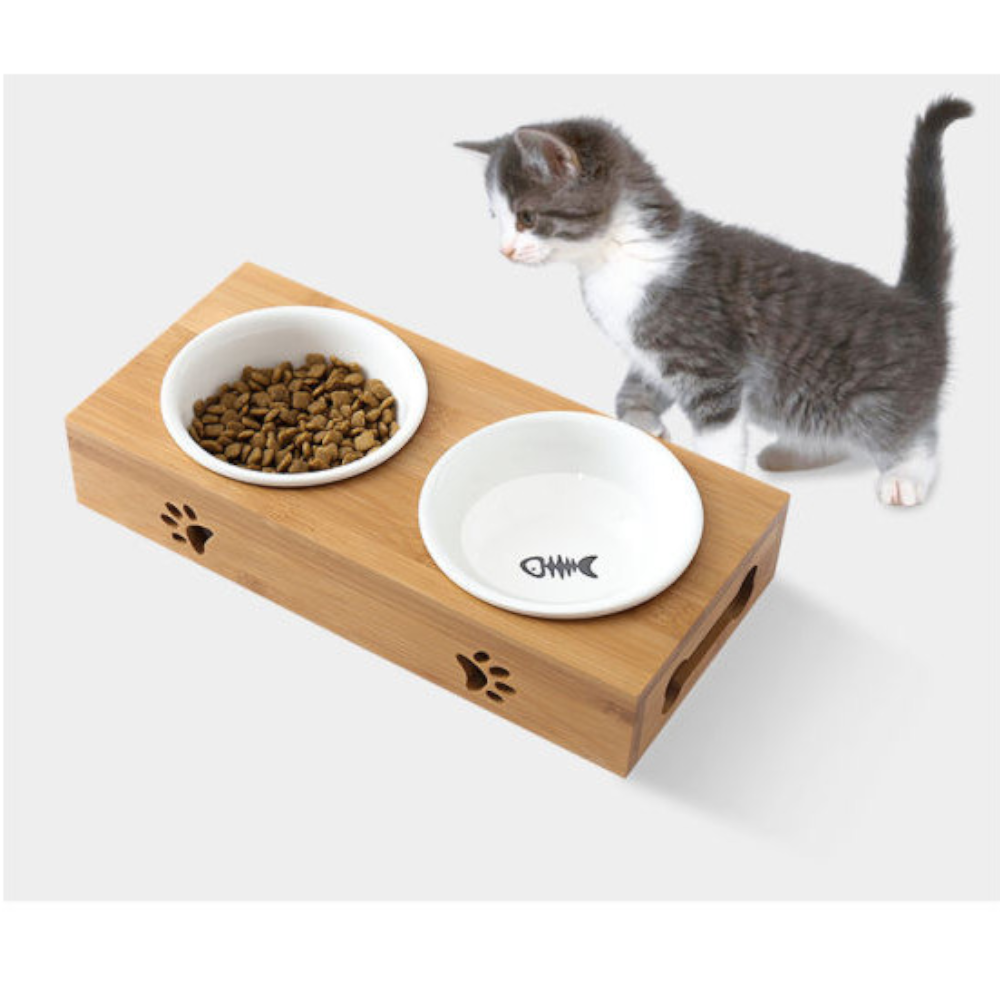 Ceramic Or Stainless Steel Pet Feeding Bowls With Bamboo Stand