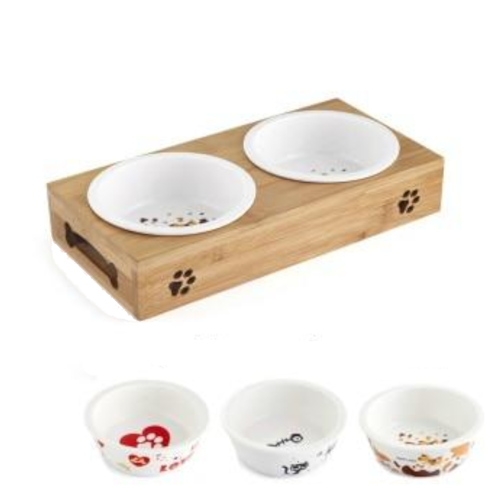 Ceramic Or Stainless Steel Pet Feeding Bowls With Bamboo Stand