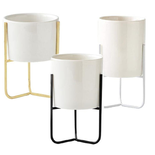 Ceramic Trinity Pot On Metal Plant Stand Nordic Home Decor