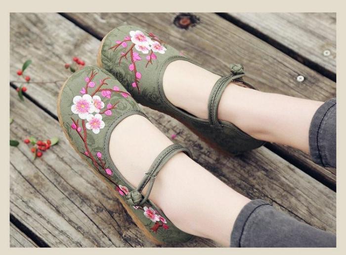Cherry Blossom Embroidered Flats Women Shoes