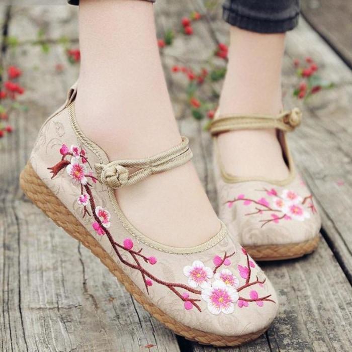 Cherry Blossom Embroidered Flats Women Shoes