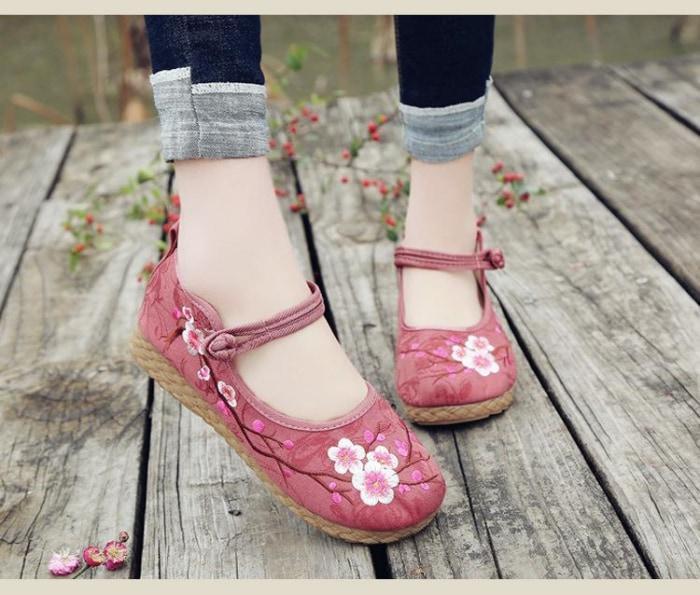 Cherry Blossom Embroidered Flats Women Shoes