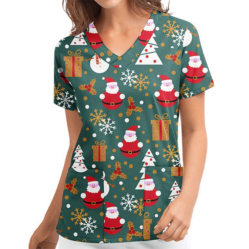 Christmas Printed Top Women Holiday V Neck Shirt