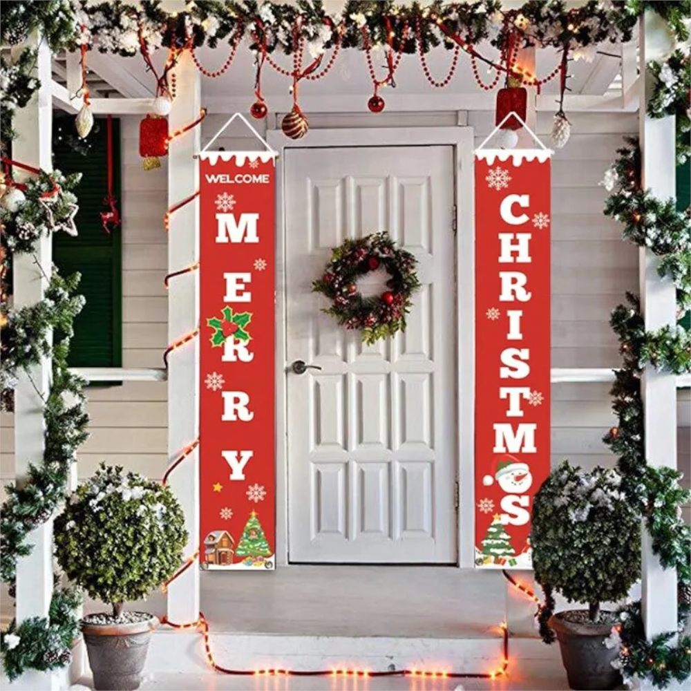 Christmas Porch Sign Oxford Cloth Xmas Door Banner Wall Hanging Party Decoration